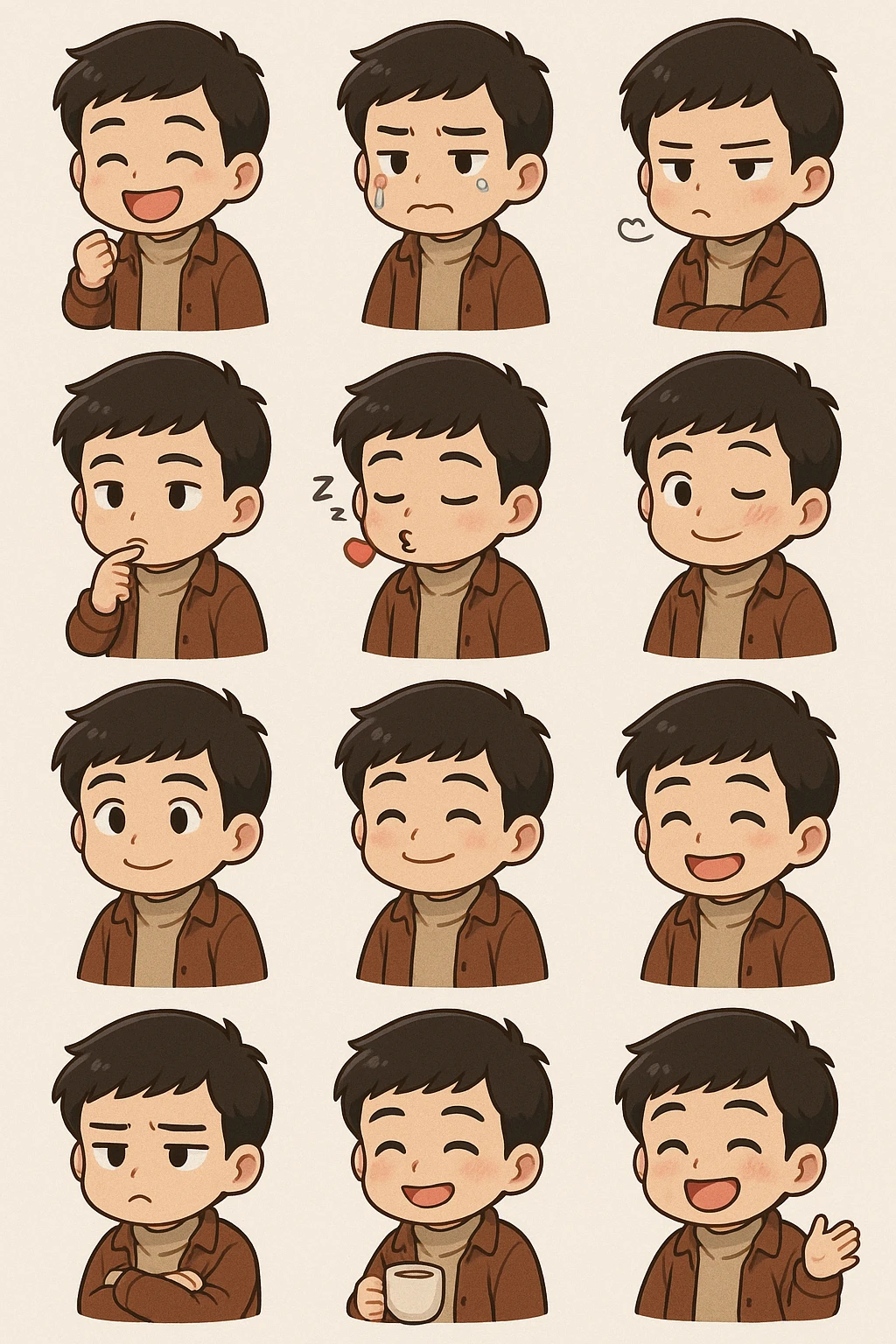 Convert the image into a set of chibi stickers (4x4 grid) outfit similar to this one including expressions of laughing being angry, crying, sulking, thinking, being sleepy, blowing kiss,winking, being suprised emoji