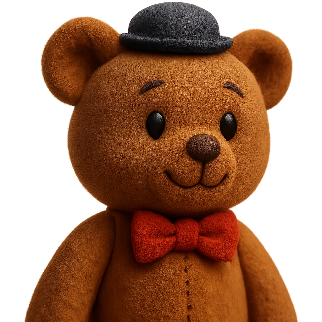 Add a red bow tie and a small blue hat to the plush teddy bear, keep plush portrait style, no background. emoji