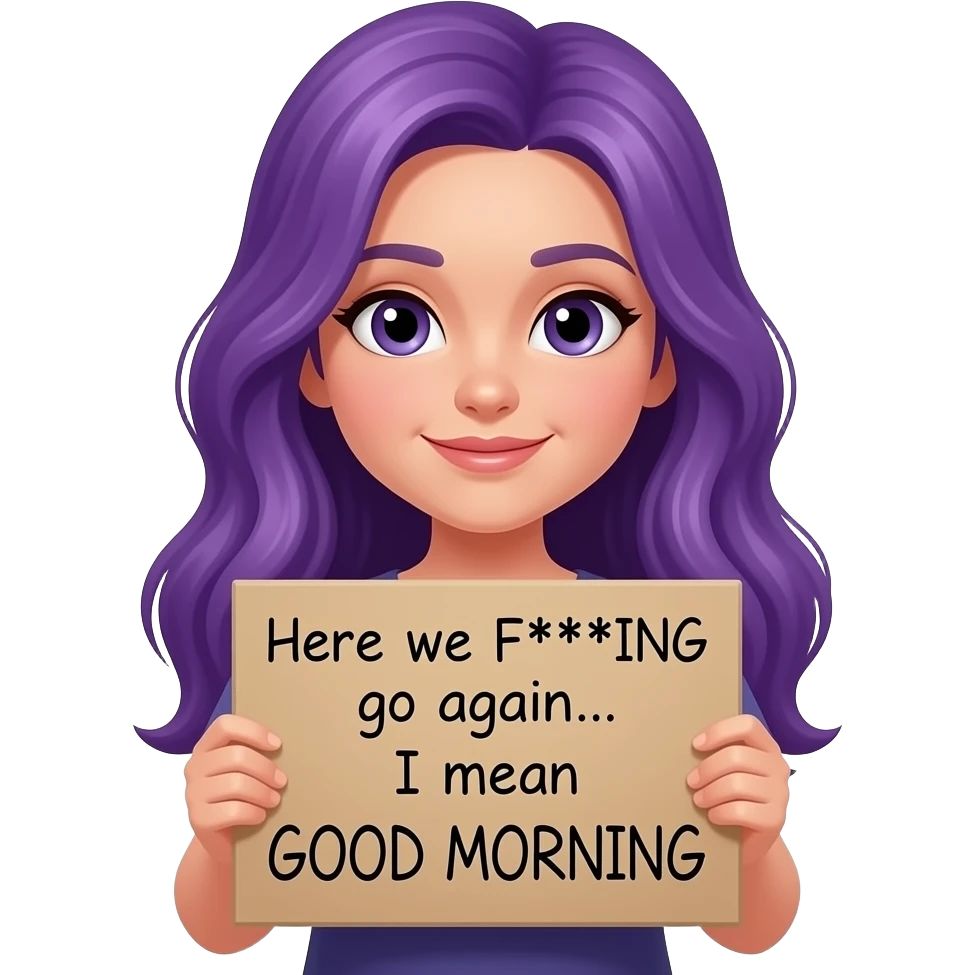 girl with long purple hair holding a Here we F***ING go again... I mean GOOD MORNING sign emoji
