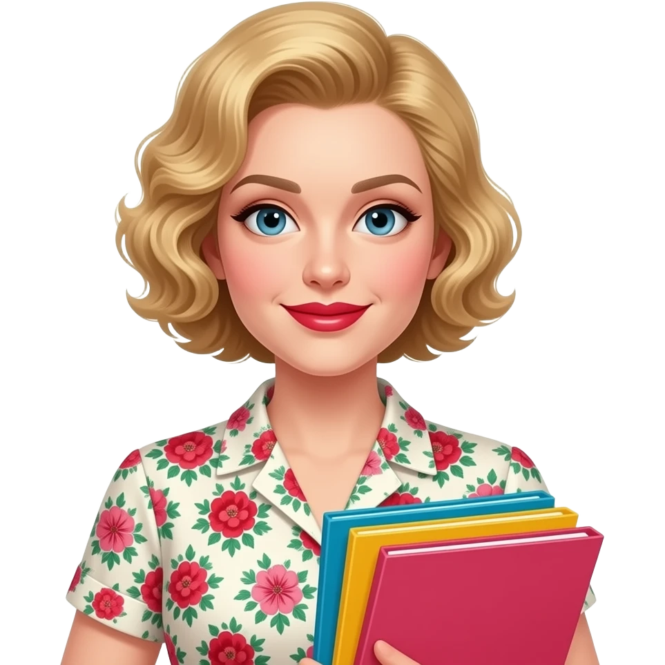 short blonde tight curly hair bob holding colorful folders in red lipstick and vintage floral blouse emoji