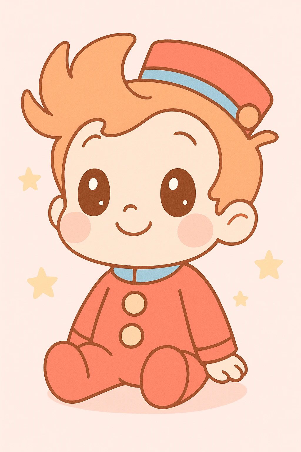 bébé Spirou, kawaii style, costume rouge, joues rondes, expression adorable emoji
