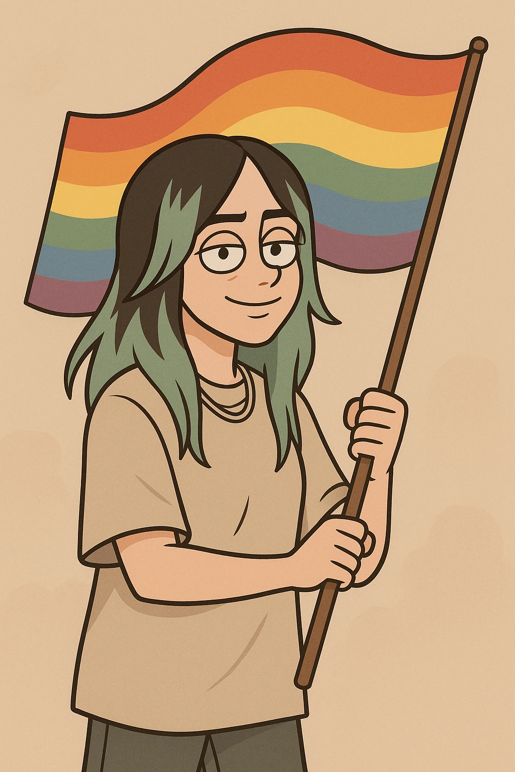 Billie Eilish holding a pride flag, cartoon style, no text emoji
