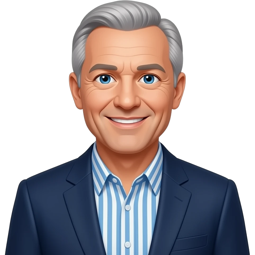 DJR - man, friendly smile, mid 70's, receding grey hair, blue eyes, slim face, blue and white vertical striped button up shirt, dark blue blazer emoji