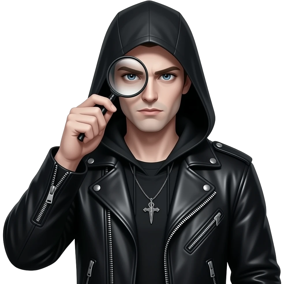 Gothic guy holding a magnifying glass iver his eye emoji