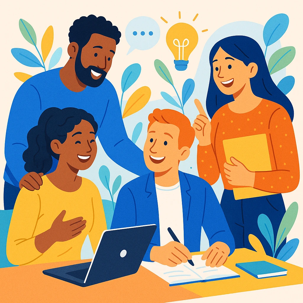 team collaboration, multiple characters working together, positive and supportive, modern style emoji