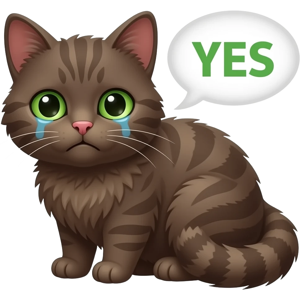 Cute sad depressed dark brown scrunkly cat with green eyes saying “YES” in green letters with a speech bubble emoji