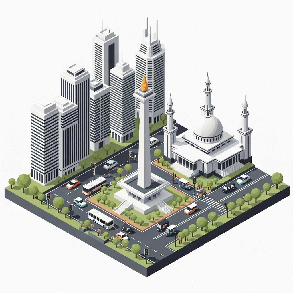 Isometric minimalistic illustration of Jakarta Monas (National Monument), Istiqlal Mosque, skyscrapers of Sudirman CBD, bustling streets with traffic and tuk-tuks, subtle 3D miniature effect and Tilt Shift effect, no cartoonish look, transparent background. emoji