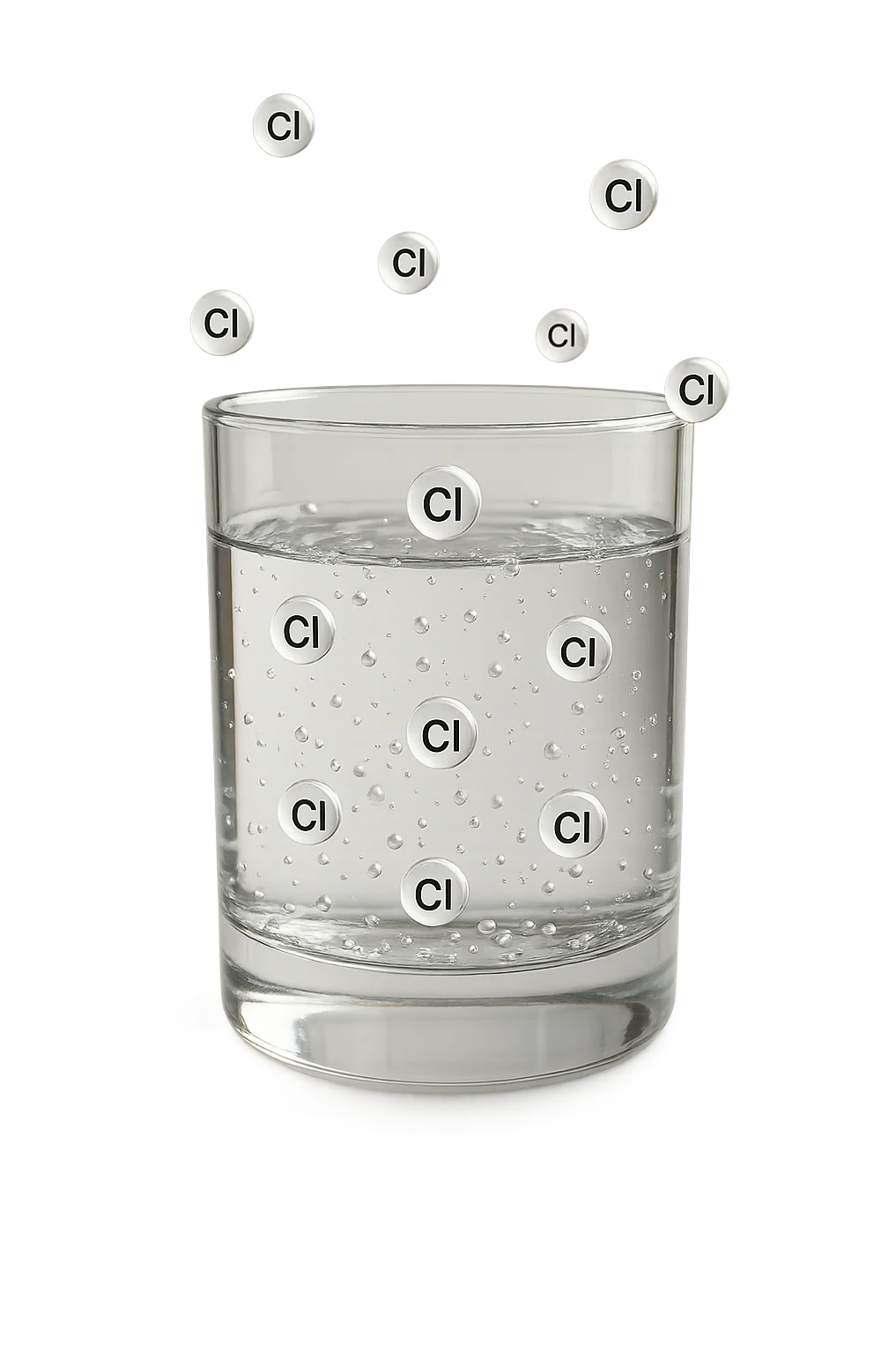 un bicchiere di acqua fluttua in aria realistico e dettagliato, dentro l'acqua del bicchiere ci sono particelle di cloro ben visibili con la scritta "Cl" sopra, ci sono particelle anche che escono dal bicchiere e fluttuano in aria verticalmente, mentre alcune sono all'interno dell'acqua nel bicchiere, iperrealistico 4k emoji