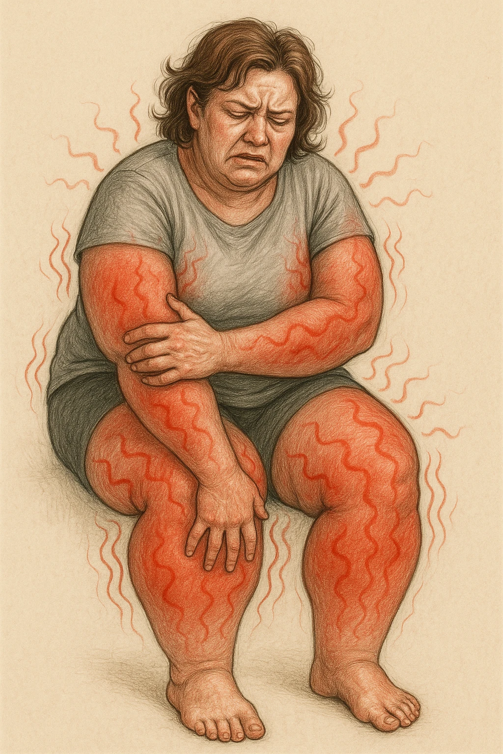 "Woman with lipedema experiencing constant burning and aching pain in disproportionately swollen legs and arms, pain radiating through enlarged fat deposits shown as red heat signatures, expression of chronic suffering and exhaustion, normal daily activities becoming torture due to inflammatory adipose tissue, pain levels fluctuating unpredictably throughout the day" scritte in italiano emoji