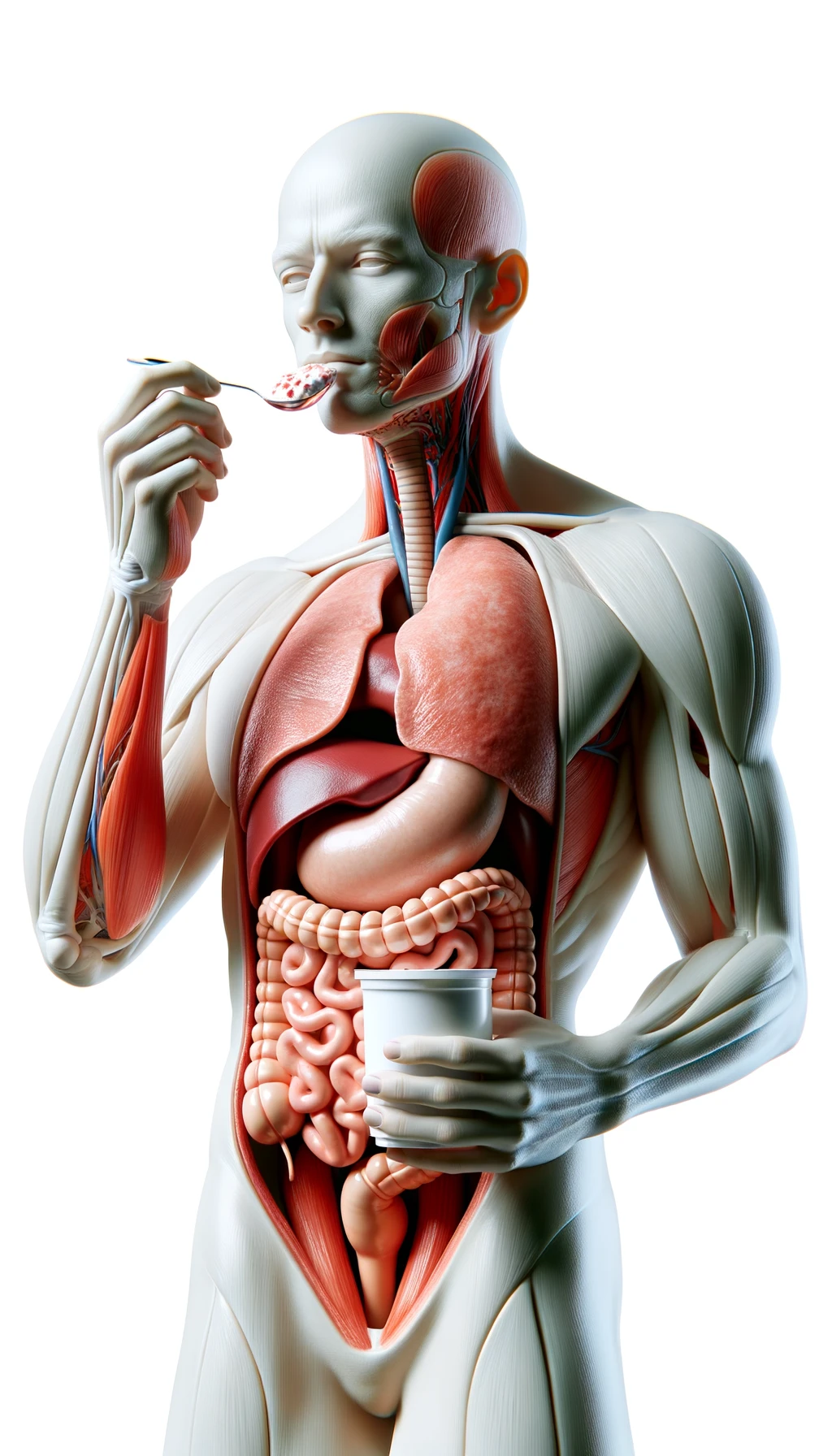 corpo umano anatomico con intestino in evidenza mentre mangia uno yogurt con espressione serena in volto, iperrealistico 4k, isolato su sfondo bianco emoji