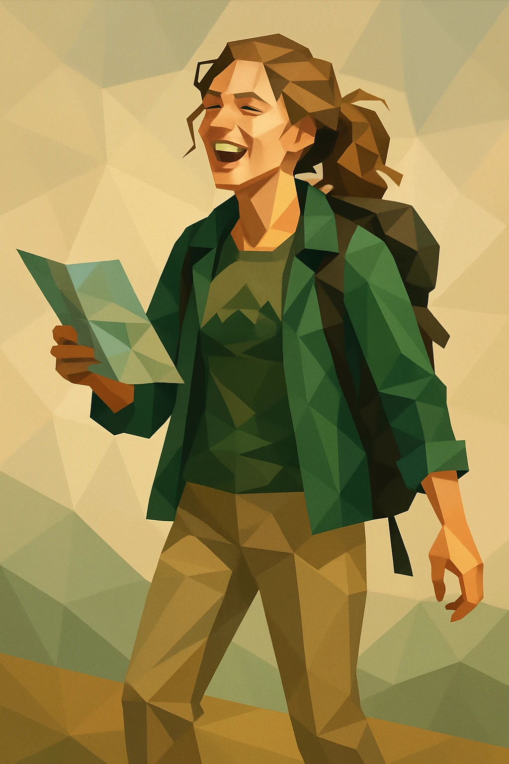 Free-spirited female adventurer, Caucasian, wavy light brown hair tied loosely, wide open smile, wearing a forest green jacket over a graphic tee, holding a map in one hand, with a backpack, full-body view emoji