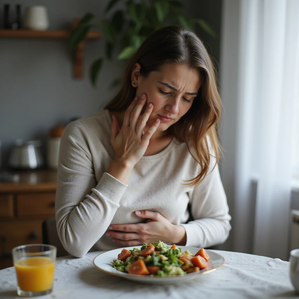 adult woman, photorealistic, painful and suffering expression, hands on abdomen, sitting at table with healthy food plate, discomfort atmosphere, natural light, kitchen background emoji