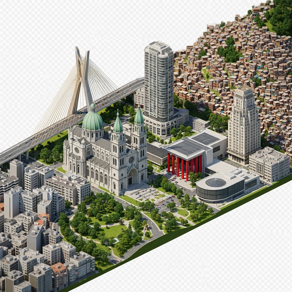 Isometric miniature of São Paulo Catedral da Sé, MASP on red pillars, Octávio Frias Bridge, and Altino Arantes building, favelas on hillsides, dense chaotic urban blocks, and green parks 3D miniature effect and Tilt Shift effect, no cartoonish look, transparent background. emoji