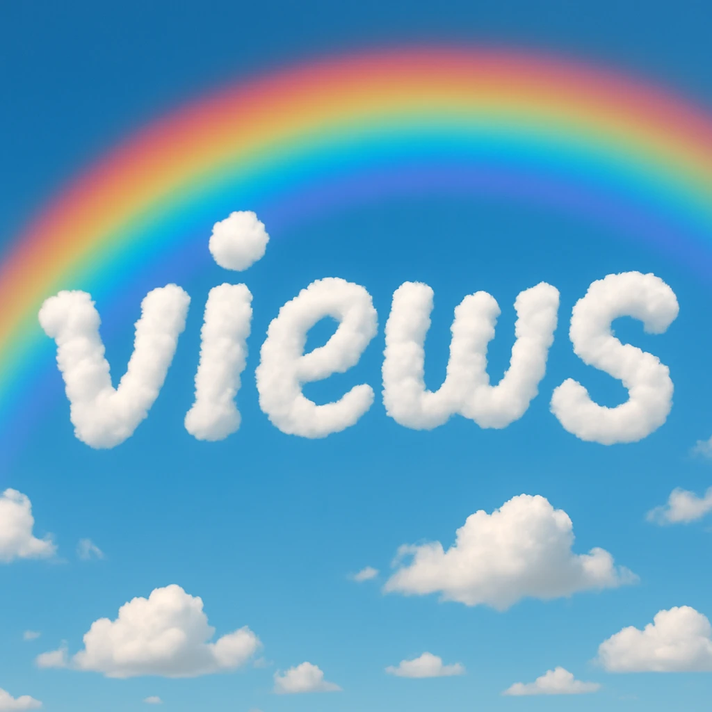 A cloud formation shaped like the word "views" with a rainbow background emoji