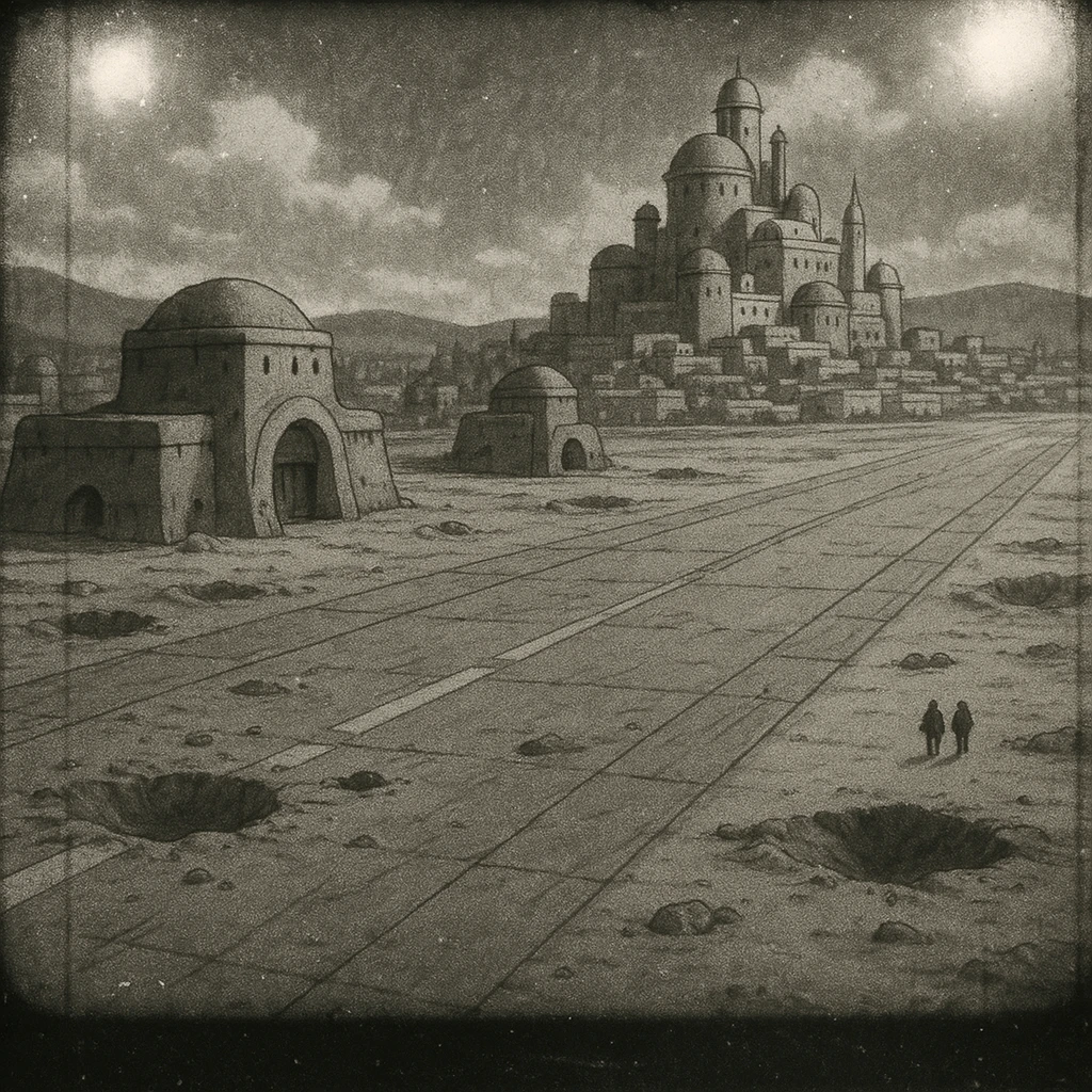 8mm film black and white, no color, light leaks. the image shows post-war reconstruction-era life in the z'rian commonwealth capital region, santa-fe neo-adobe futuristic architechture. arctic temperate region. the image shows a vast airstrip, craters and blast marks, and fortified-hangar-bastions emoji