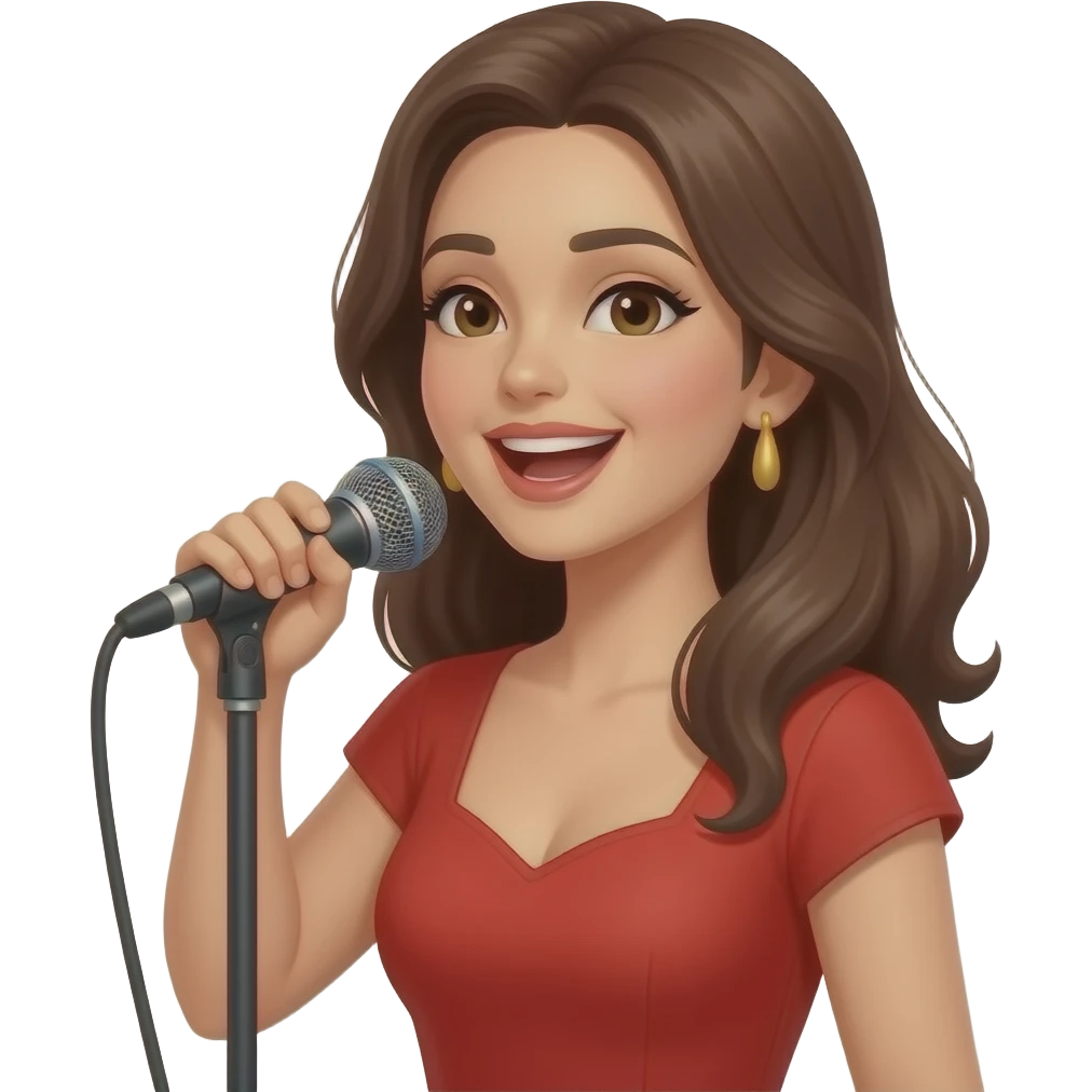 women singing in a red dress to a microphone emoji