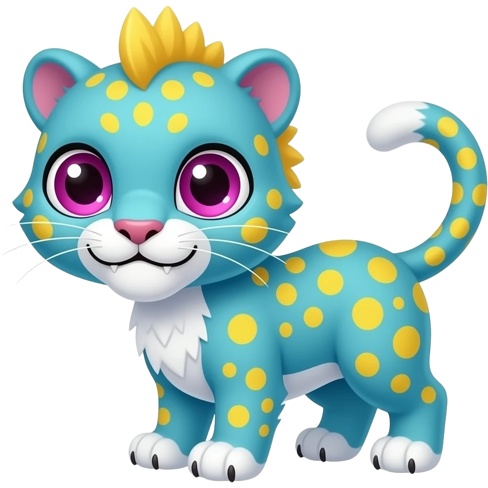 Adorable Cyan Four-legged digitigrade Panther with big adorable eyes, yellow spots, yellow Mohawk, and magenta eyes, and snagletooth emoji