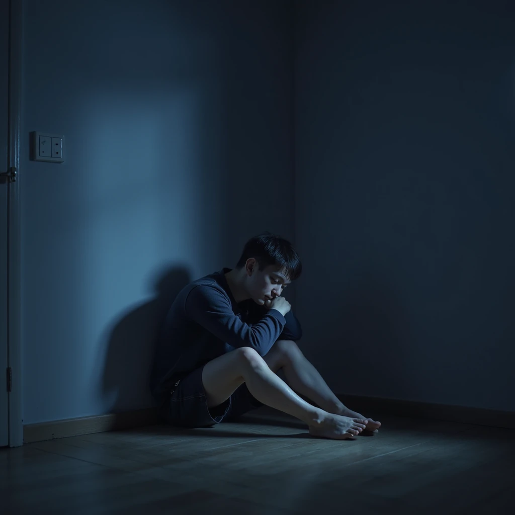 A modern person in a dimly lit room, curled up in the corner, feeling isolated after comparing their real self to their social media persona, realistic illustration style emoji