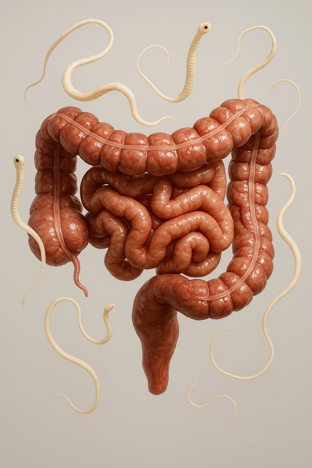 INTESTINO UMANO ANATOMICO REALISTICO FLUTTUA IN ARIA INSIEME A PARASSITI COME LA TENIA, SFONDO CHIARO, iperrealistico 4k emoji