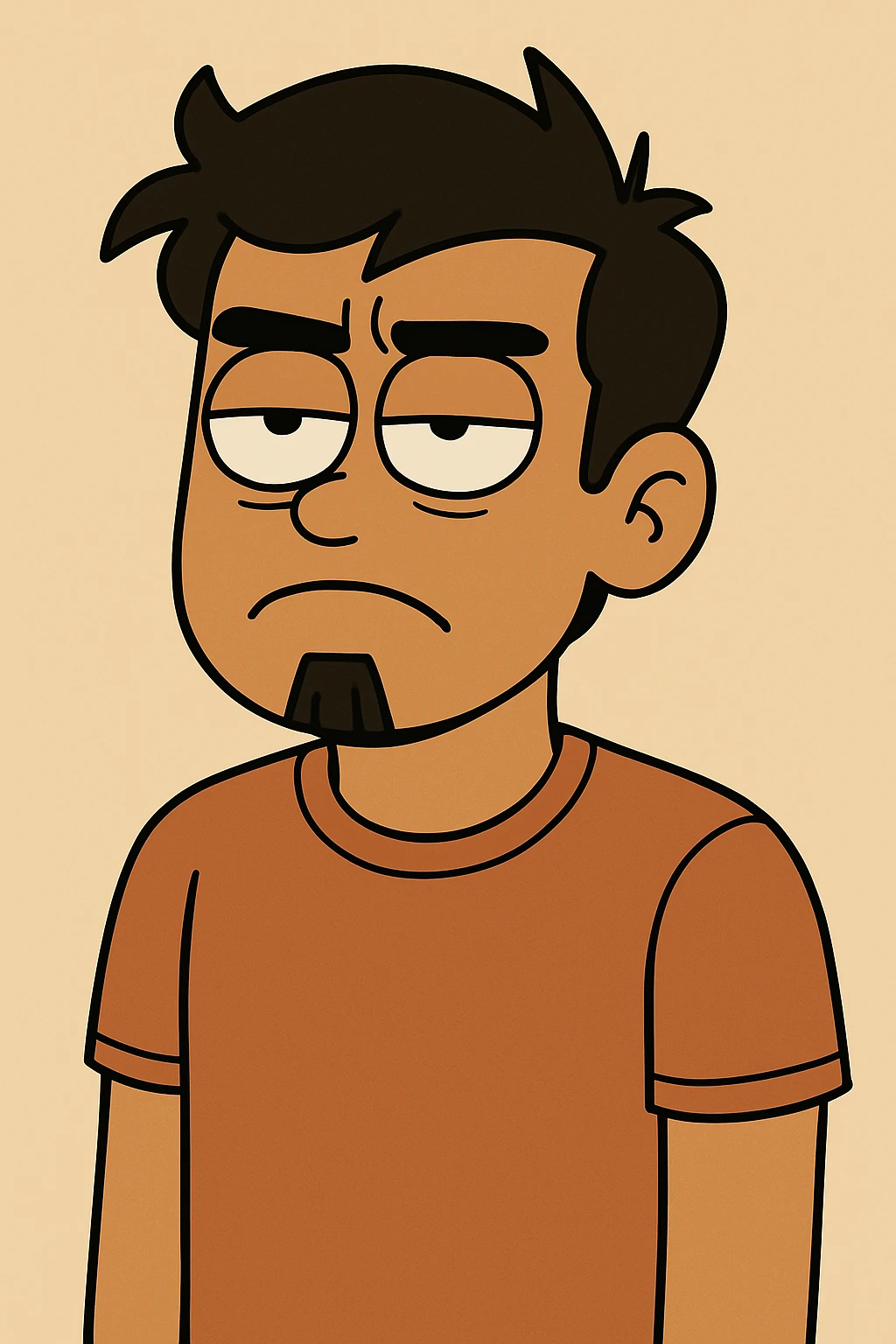 Make the tan complexion male with black hair look more annoyed while rolling his eyes, and add a small goatee beard. Keep the style and background the same as the original image. emoji