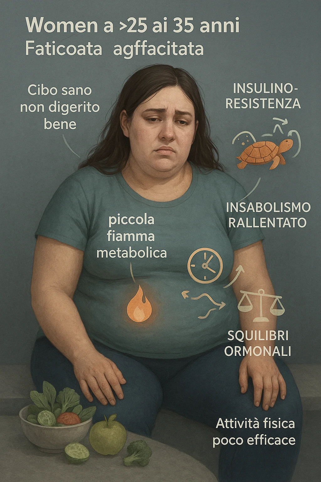 Donna tra i 25 e i 35 anni con fisico leggermente gonfio e postura affaticata, seduta con sguardo stanco. In trasparenza sul suo corpo, si vedono elementi simbolici: una fiamma metabolica molto piccola nel centro dell’addome, una tartaruga accanto a un simbolo di orologio rallentato, indicatori visivi di insulino-resistenza e squilibri ormonali. Intorno a lei: cibo sano non digerito bene, attività fisica poco efficace. Colori spenti attorno al corpo, con toni freddi e lentezza visiva. Stile realistico con elementi infografici e simbolici integrati IN ITALIANO emoji