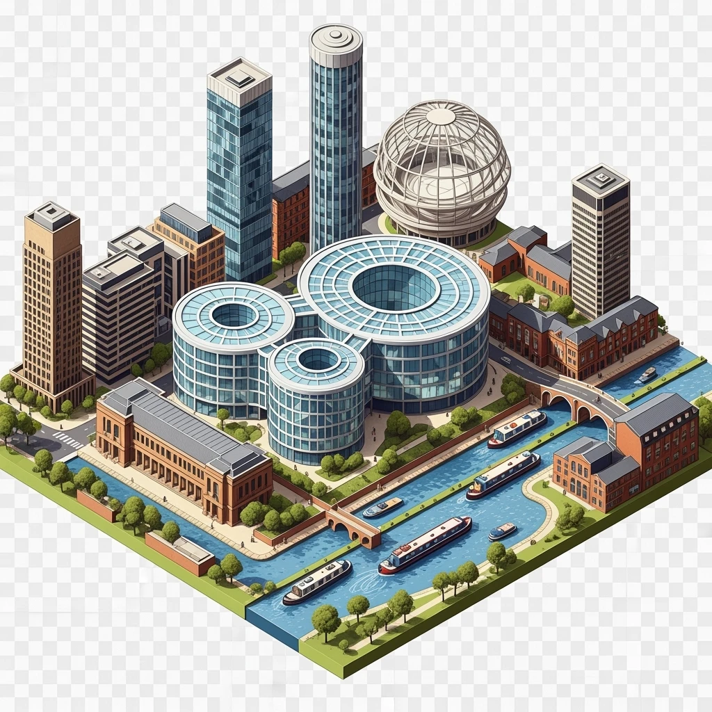 Isometric illustration of Birmingham, featuring the Library of Birmingham with its modern architecture and nearby canals, highly detailed in semi-realistic style, balanced between stylized and realistic, 3D miniature effect, transparent background. emoji