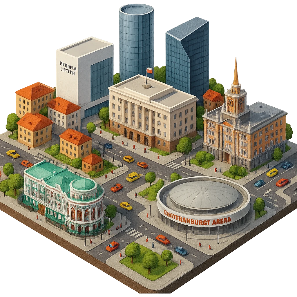 Изометричная миниатюрная фотореалистичная 3D модель Екатеринбурга - Дом Севастьянова, Ельцин-центр, Уральский федеральный университет, дома, Екатеринбург Арена, Штаб-квартира Русской медной компании, Здание Свердловского городского совета народных депутатов, четкие линии, яркие цвета, мультяшный реализм, люди, автотранспорт, компактная композиция, вид сверху в изометрии, прозрачный фон emoji