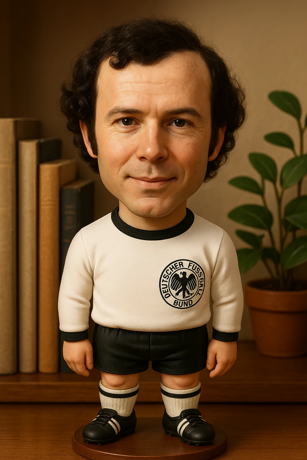 Молодой Франц Беккенбауэр в форме сборной Германии 1972 смотрит на прямо на зрителя и слегка улыбается, освещение с левой верхней стороны кадра emoji