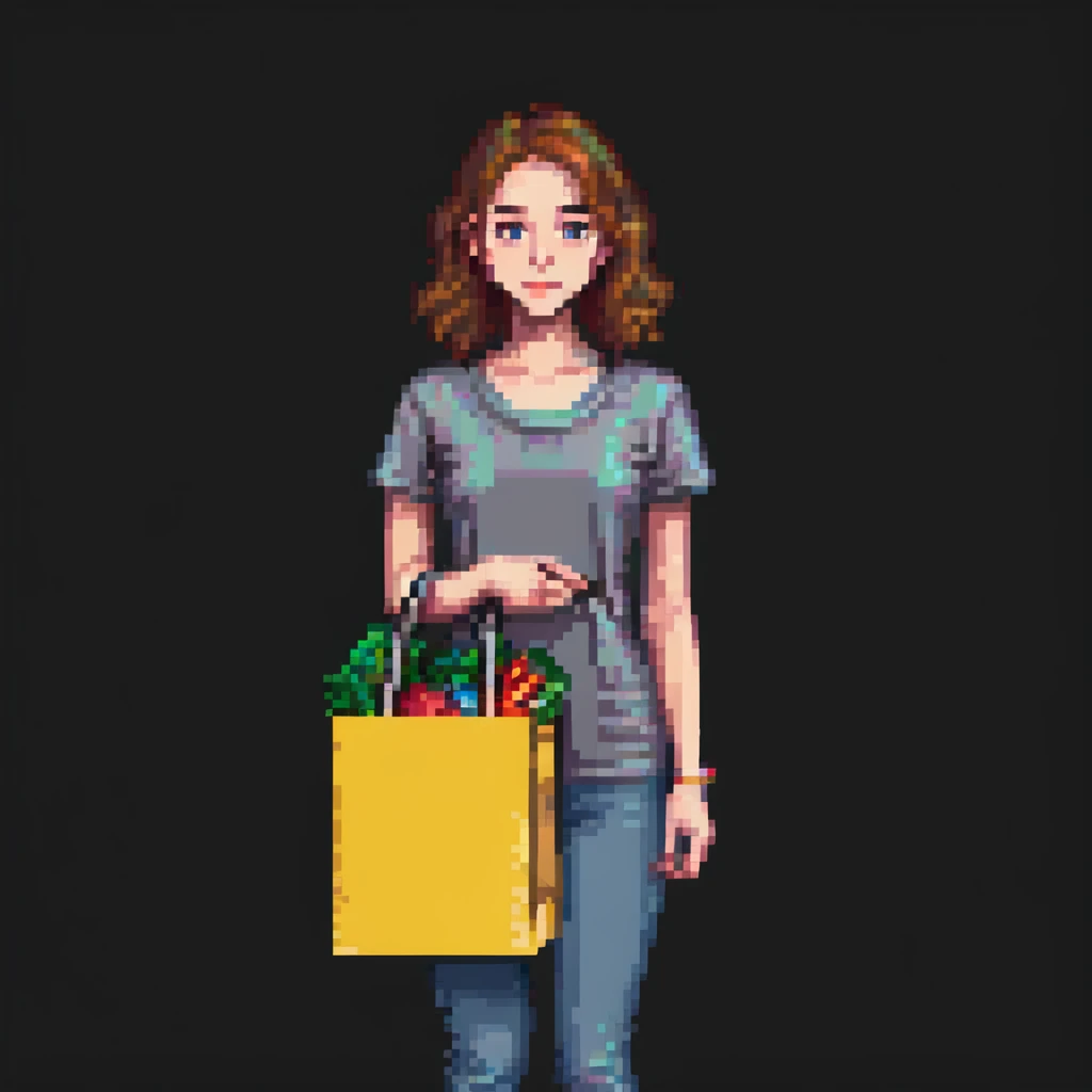 A young woman with a shopping bag, in a city street, vibrant colors, detailed background, shopping festival, niche brands, aesthetic lifestyle emoji