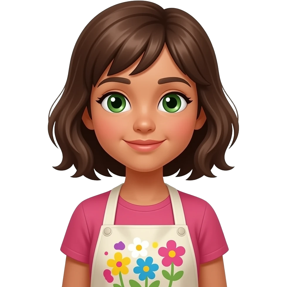 light-skinned-girl-with-brown-hair-and-green-eyes-in-apron-with-paint-with-flowers-upper-body-arms-down-emoji emoji