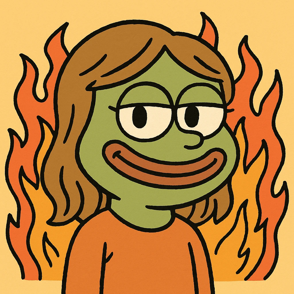 smiling girl meme parody, girl with sly smile, cartoon flames behind, emoji-face-to-image style emoji