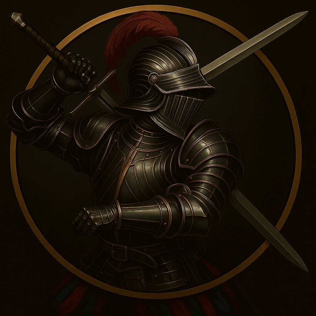 Add a helmet to the landsknecht dopplesoldner, matching the Maximilian German style armour with black and gold accents emoji