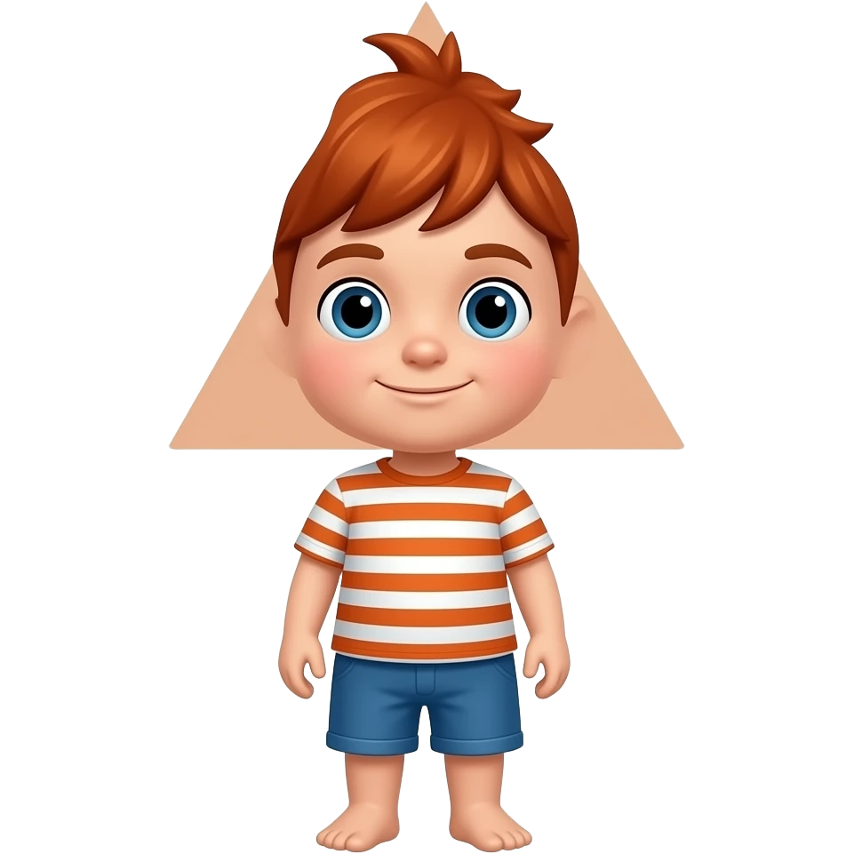 A kid with red hair a triangle head a white and orange striped shirt with blue shorts emoji