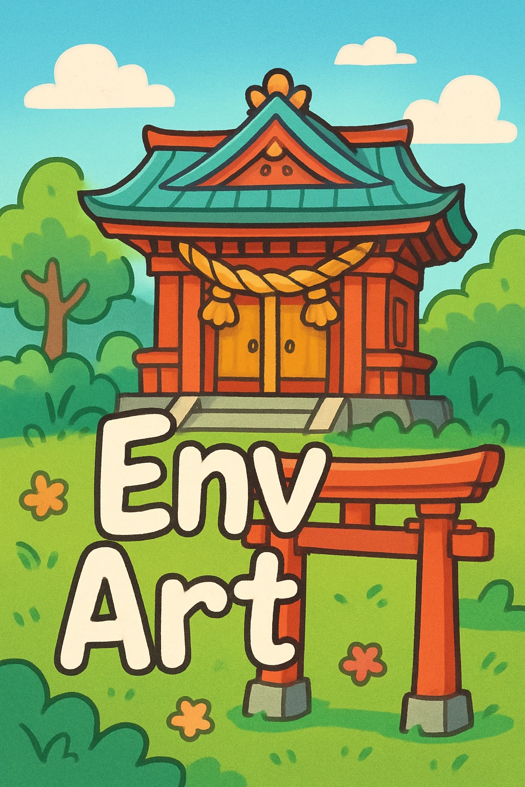 The words 'Env Art' in a playful handwritten font, with a cartoon-style Shinto shrine behind, cheerful and creative vibe. emoji