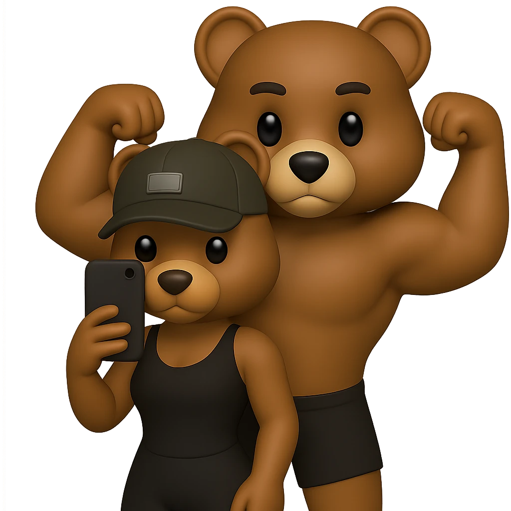 Create two muscle bears in a 3D apple emoji style. The bear in front has a female shape that is slimmer, more athletic, fit, and toned, not fat or bulky. The bear behind has a male shape doing a double biceps pose. Both bears look strong, natural, affectionate, and cute. Maintain the same pose as in the reference images. No background. Inspired by the provided references. emoji