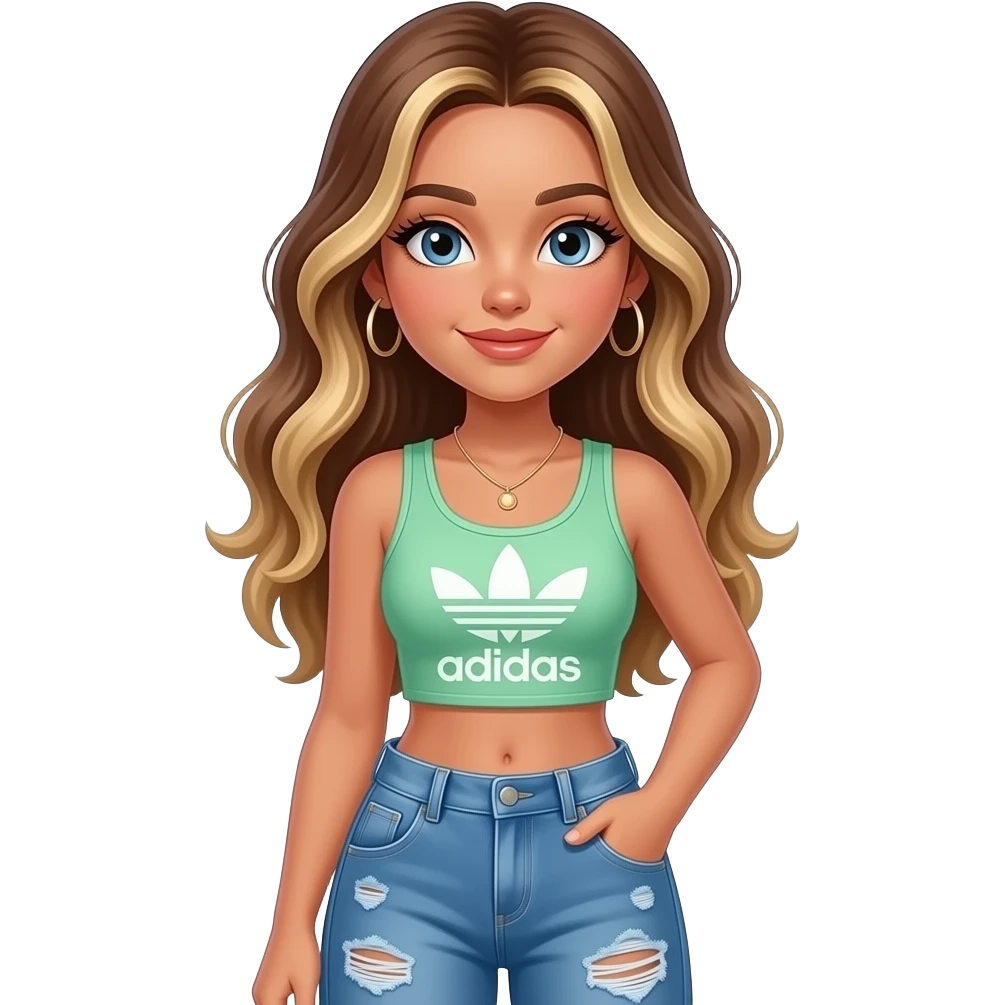 preppy teenage girl, tan, blonde highlights, brown long hair, long eyelashes, beach aesthetic, wearing cute clothes, sexy, wearing ripped blue long baggy jeans with a pastel green revealing crop top, wearing Somba Adidas emoji