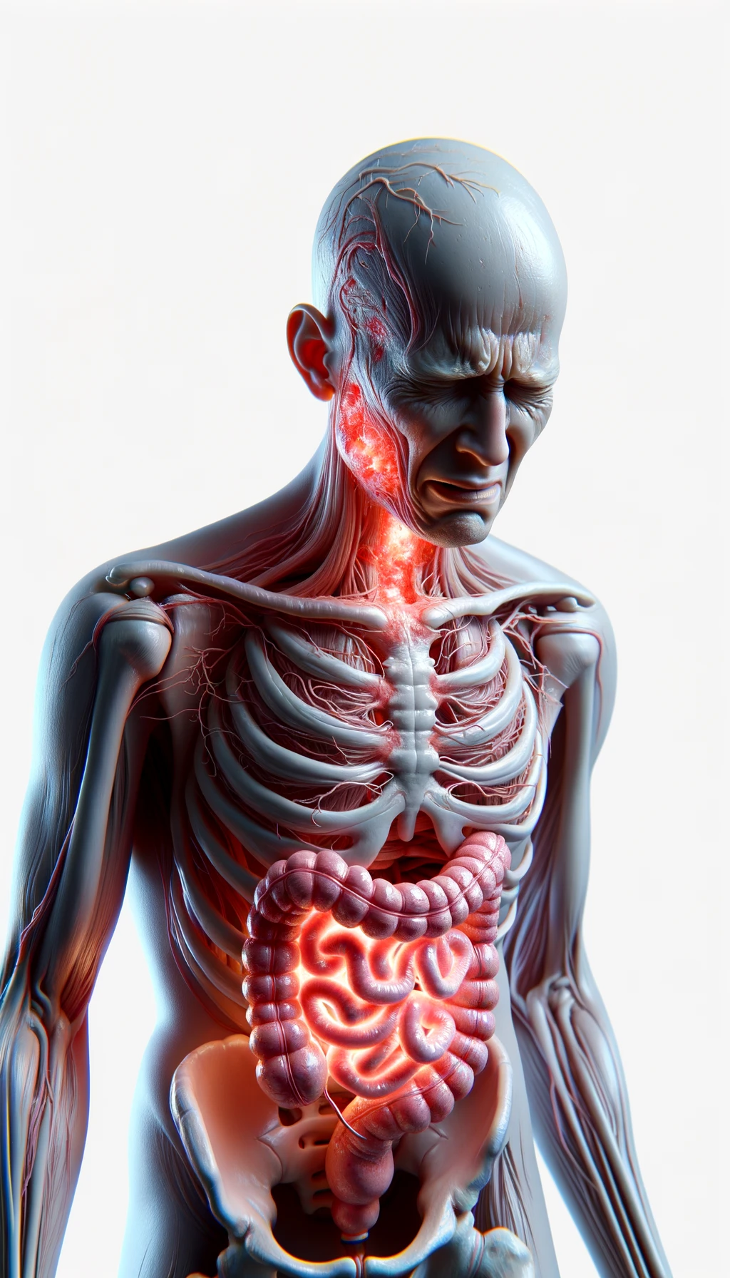 corpo umano anatomico realistico con intestino infiammato, espressione di dolore in volto, iperrealistico 4k, isolato su sfondo bianco emoji