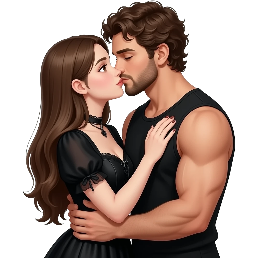 realistic sexy pale skin long straight brown hair girl brown eyes long face wearing gothic dress HD and her muscular man wearing black clothes short brown curly hair and beard hugging and kissing in a forest emoji