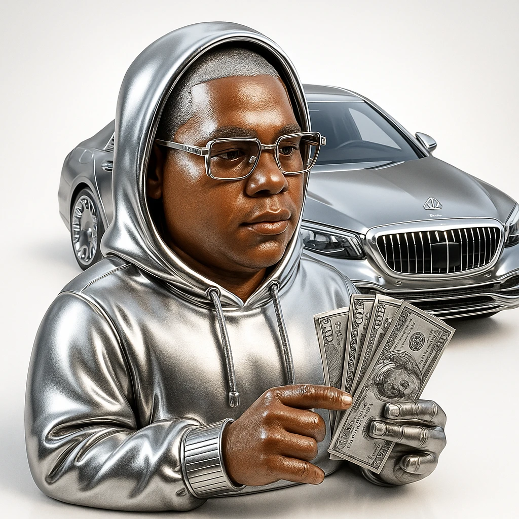 bold chrome style icon of a person with realistic light brown skin, natural facial features, and a naturally missing finger on the hand, wearing a chrome-rendered hoodie and clothing, Cartier glasses, holding detailed US dollar bills instead of money, with a Maybach car in the background, iconic chrome aesthetic emoji