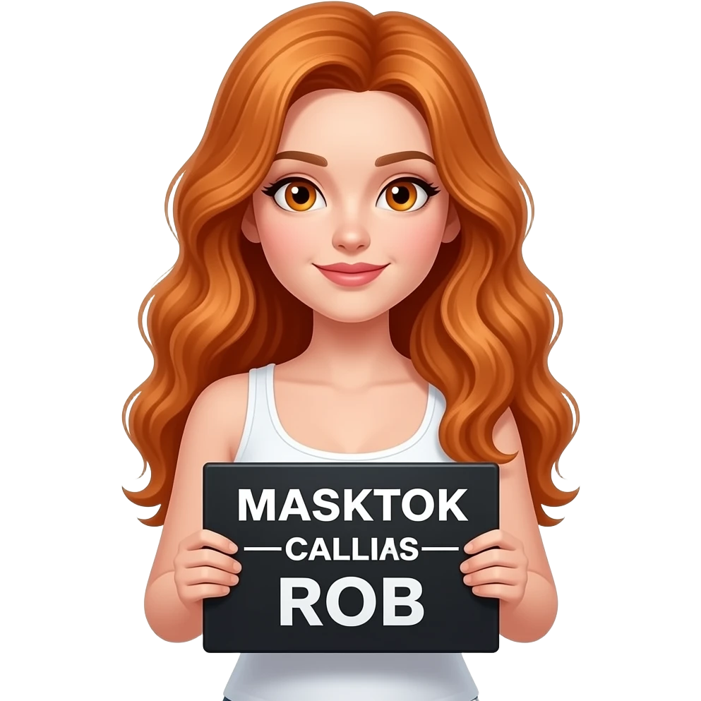 sexy girl with long wavy ginger hair and ginger eyes wearing a white tanktop is holding a black colored sign with MASKTOK CALLSIGN ROB written on it emoji