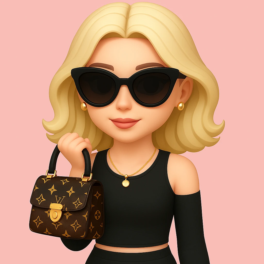 Add stylish black sunglasses and gold jewelry including earrings and a necklace to the girl. Keep the pink background and outfit unchanged. Maintain the original style and details of the girl while adding these accessories. emoji