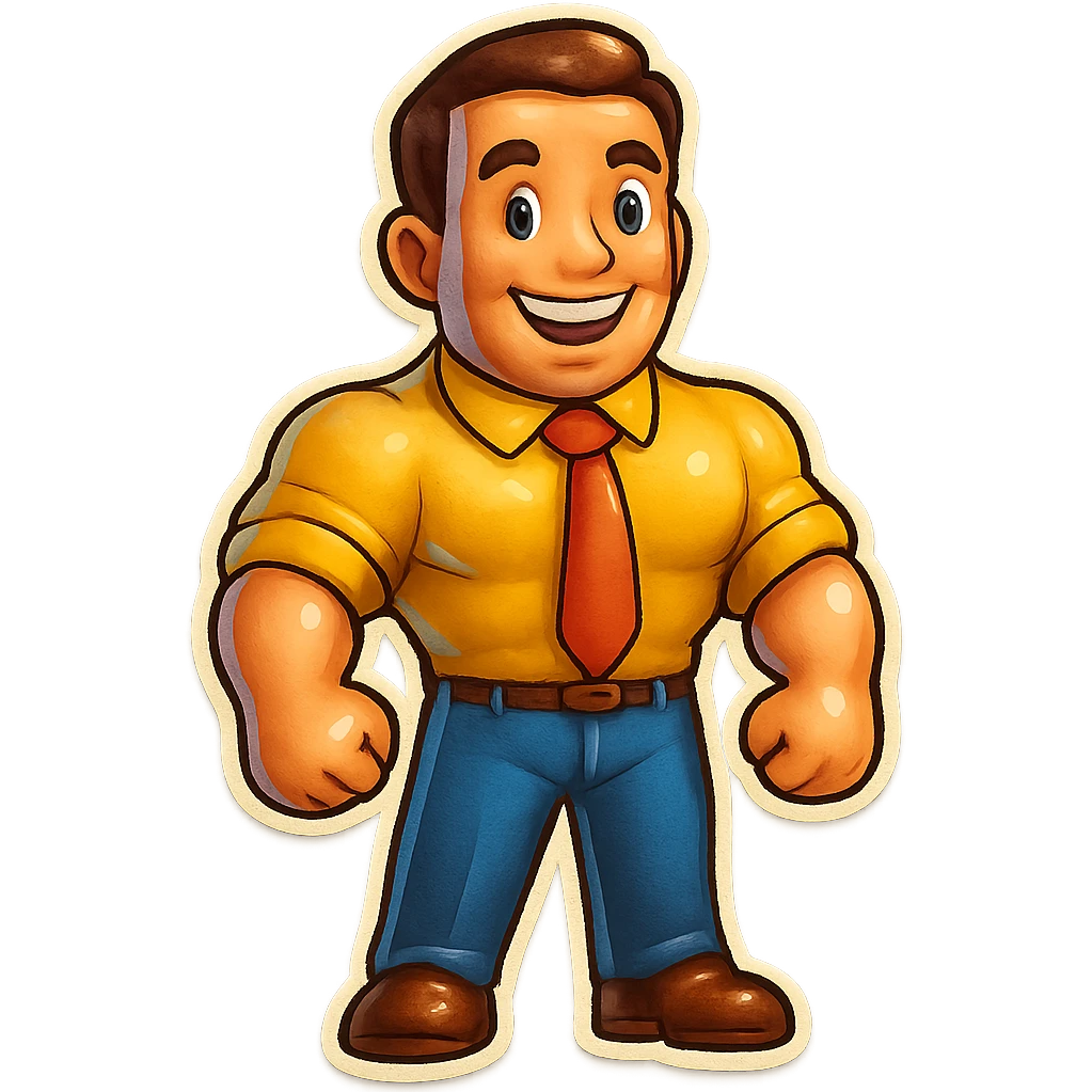 Add a shirt and trousers to the muscular man emoji, keep the style and smiling expression, no background. emoji