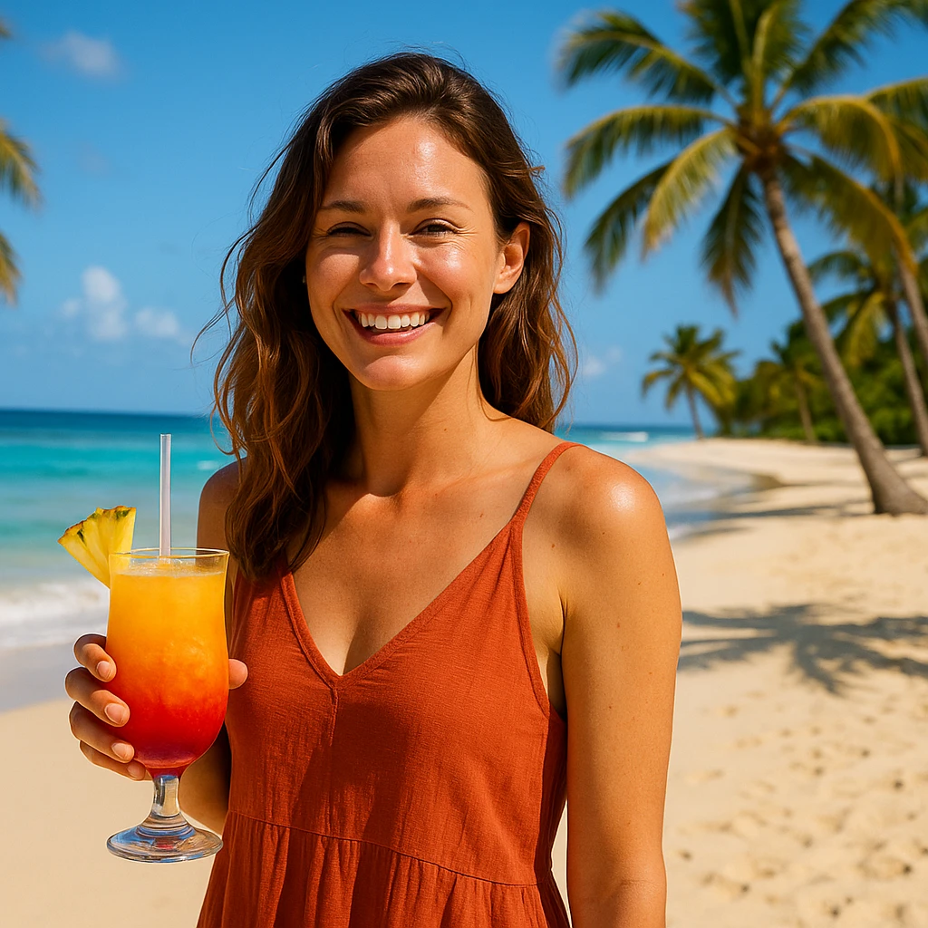 take this picture of a woman and make it  beach photo with drink emoji