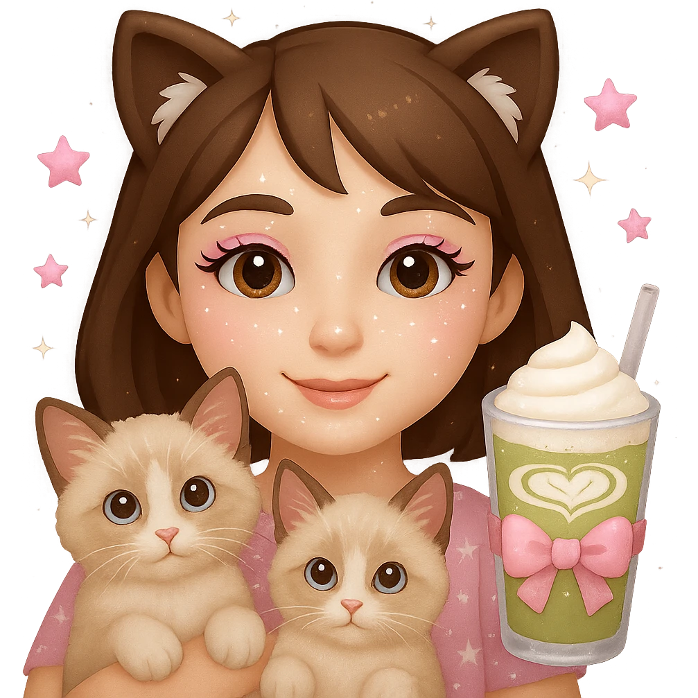 Add a matcha latte to the scene, keeping the Apple emoji style and pink soft girl aesthetic, featuring the girl with short brown hair, makeup, skincare, sparkles, and two light brown ragdoll cats. Maintain the transparent background and the overall Apple emoji style look. emoji