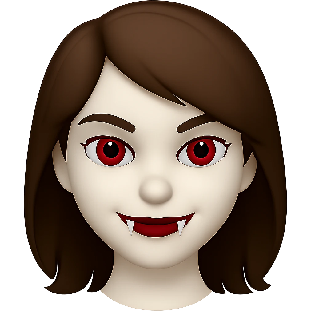 Make the character cute, not laughing, but add something to make her look scary such as fangs, glowing eyes, or a subtle sinister smile. She has brown hair, is a white girl, and has red eyes. Render in emoji style. emoji