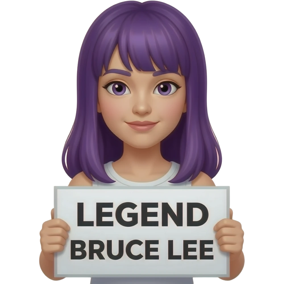 girl with long purple hair holding a LEGEND BRUCE LEE sign emoji