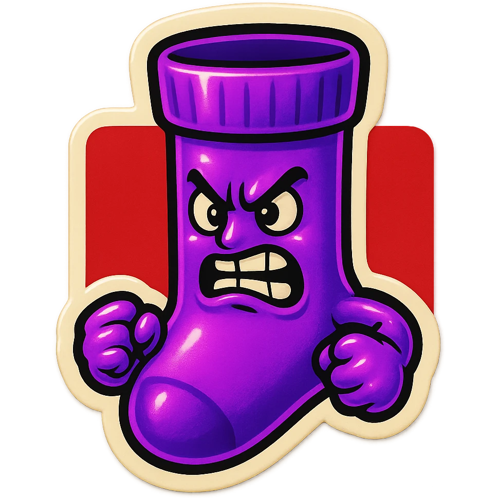 A neon-purple sock with an angry face, clenched fists, and a red background, representing rage or frustration. emoji