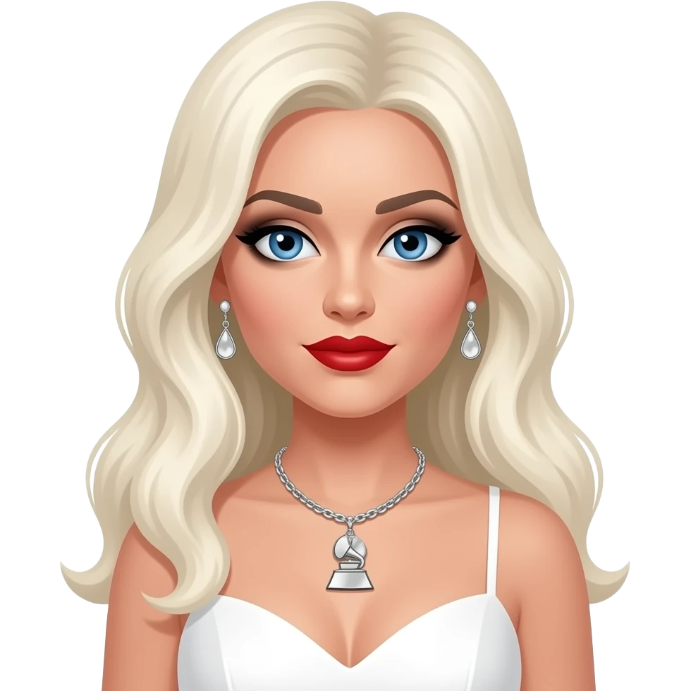 Madonna with blue eyes, long white blonde hair, black eyeshadow, red lipstick, white grammy dress, necklace and earrings emoji