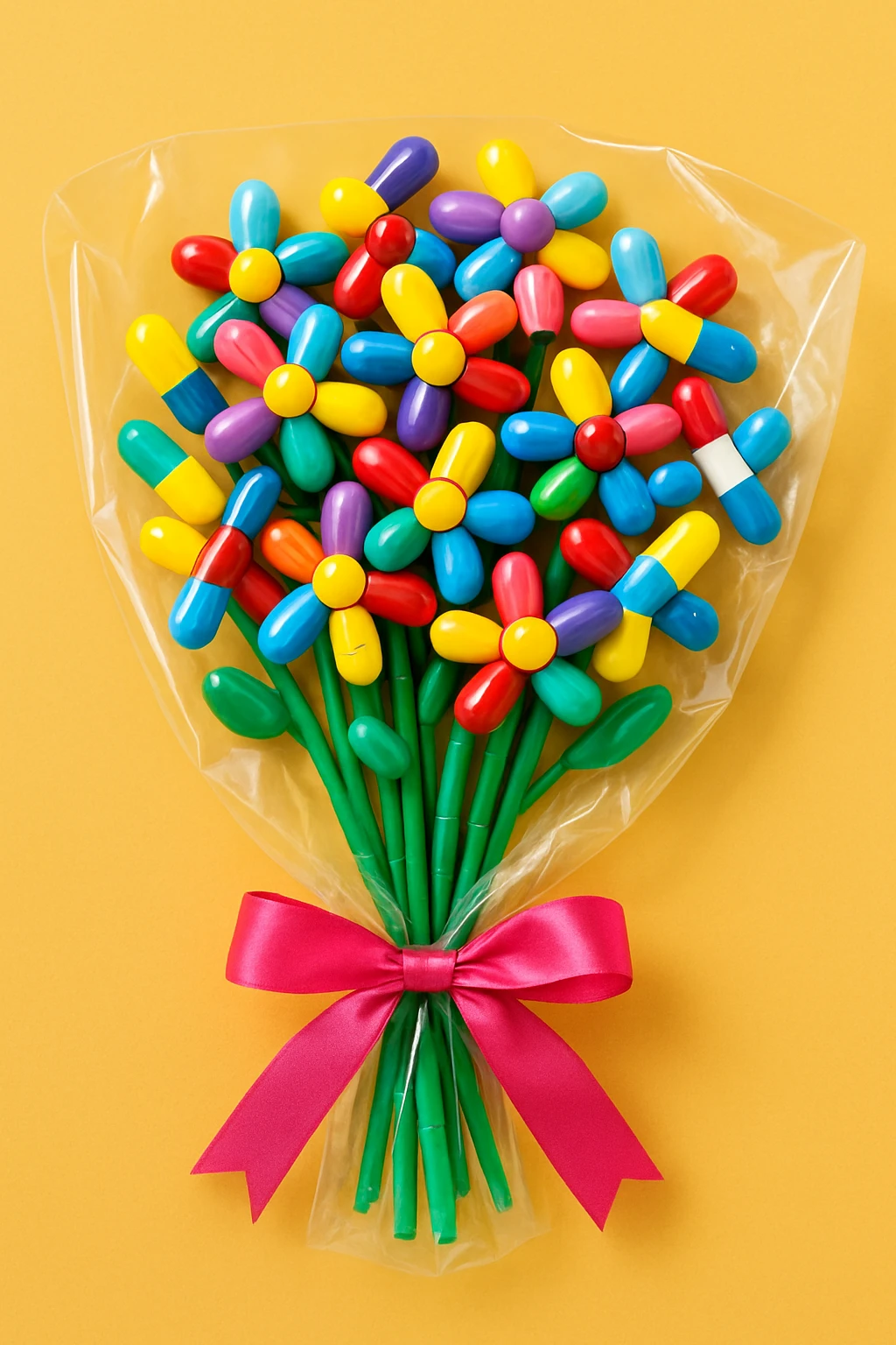 a bouquet made of colorful pills, whimsical and bright, in a clear wrapper emoji