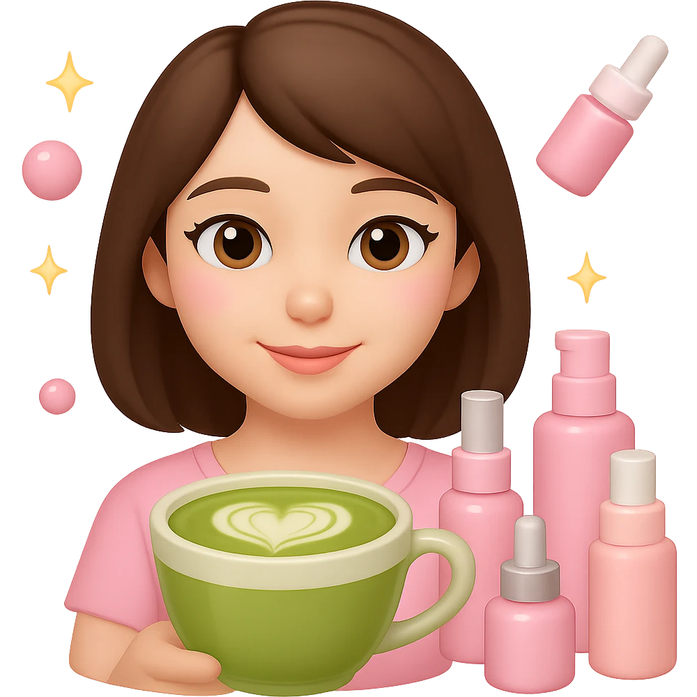 Create an Apple emoji style square profile picture of a girl with short dark brown hair and brown eyes, featuring a pink soft girl aesthetic. She is holding a matcha latte and is surrounded by pink skincare and makeup bottles with sparkles, conveying a gentle and cute vibe. The style should mimic Apple emojis with concise details and vibrant colors. emoji